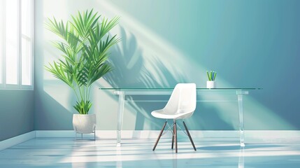 A white chair sits in front of a glass table in a room with a blue wall