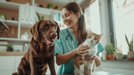 Wall Mural - The veterinarian with dog and cat