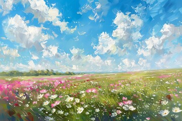 Canvas Print - impressionistic oil painting of vast wildflower meadow with pink and white blooms under blue sky idyllic spring landscape