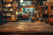 © grey - A wooden counter in the foreground with a blurred background of an antique shop. The background features vintage furniture, old books, and unique collectibles