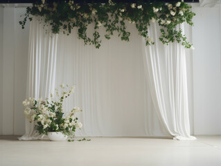 Wall Mural - wedding stage decoration with flower, Luxury Wedding Arch with floral decorations, white backdrop with decorative flowers
