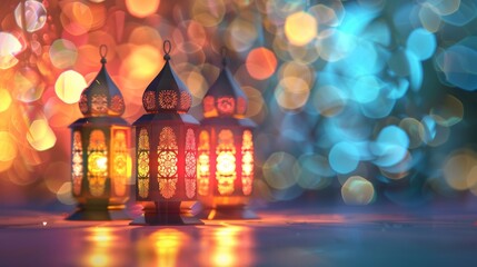 Wall Mural - Islamic background with lanterns for ramadan, eid mubarak, and eid al-adha celebrations on light background