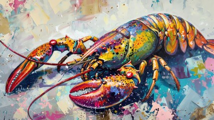 Wall Mural -  Lobster oil painting on canvas. Colorful lobster on canvas.