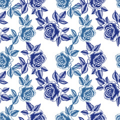 Wall Mural - Roses with leaves hand drawn flower and letters seamless pattern for textile design, scrapbook,wallpaper.