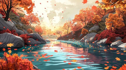 Wall Mural - A beautiful autumn scene with a river and trees