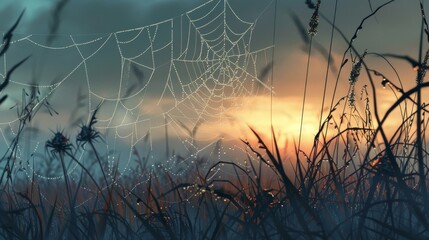 A spider web is seen in the grass with a sunset in the background