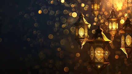 Wall Mural - Traditional arab culture symbols: islamic lanterns and lamps against ornate background with text area, celebrating the spirit of ramadan, eid mubarak, and eid al-adha