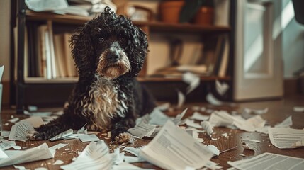 Poster - Naughty dog made a mess at home, tore up papers and documents messy floor, crazy dog behavior while alone in the room