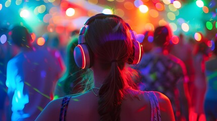 Festival goers enjoying a silent disco at a summer music festival, headphones, dancing, vibrant colors, unique experience