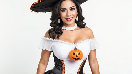 hispanic woman wearing halloween costume with plain wh background