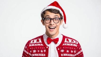 nerd guy wearing christmas costume with plain white ba background