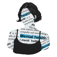 Poster - Mental health png sticker, woman newspaper collage, transparent background