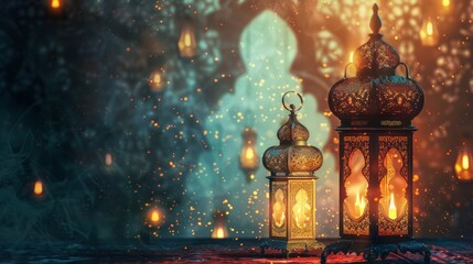 Wall Mural - Traditional arab culture symbols: islamic lanterns and lamps against ornate background with text area, celebrating the spirit of ramadan, eid mubarak, and eid al-adha