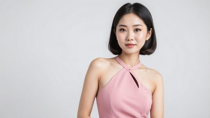 asian woman wearing pink dress with plain white backgr background