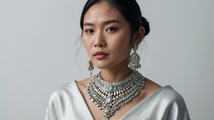 asian woman wearing silver jewelry with plain white ba background