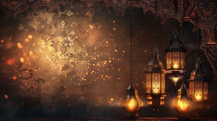 Wall Mural - Traditional arab culture symbols: islamic lanterns and lamps against ornate background with text area, celebrating the spirit of ramadan, eid mubarak, and eid al-adha