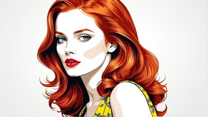 beautiful redhead woman pop art fashion with plain whi background