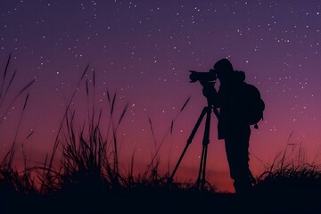 Wall Mural - AI-generated illustration of A silhouettes  person capturing a photo of a starry night sky