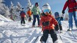© TawaUStock - Family skiing together on a snowy mountain, children learning to ski, parents guiding, winter sports, fun, adventure,