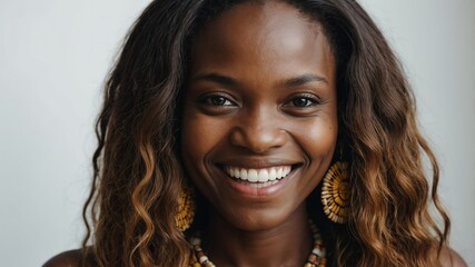 smiling african woman beautiful long hair with plain w background