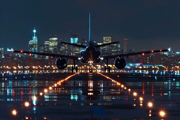 Poster - AI-generated illustration of A commercial airplane near an airport, with city skyline at night