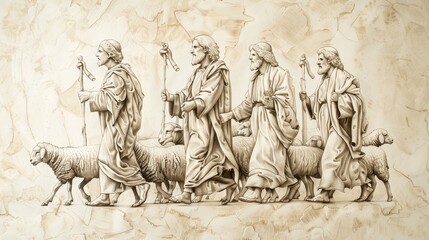 Biblical Illustration of the Parable of the Sheep and the Goats: Righteous Inheriting the Kingdom, Beige Background, Copyspace