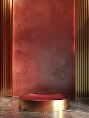 Wall Mural - A red and gold room with a gold pedestal in the center. The room has a modern and luxurious feel to it