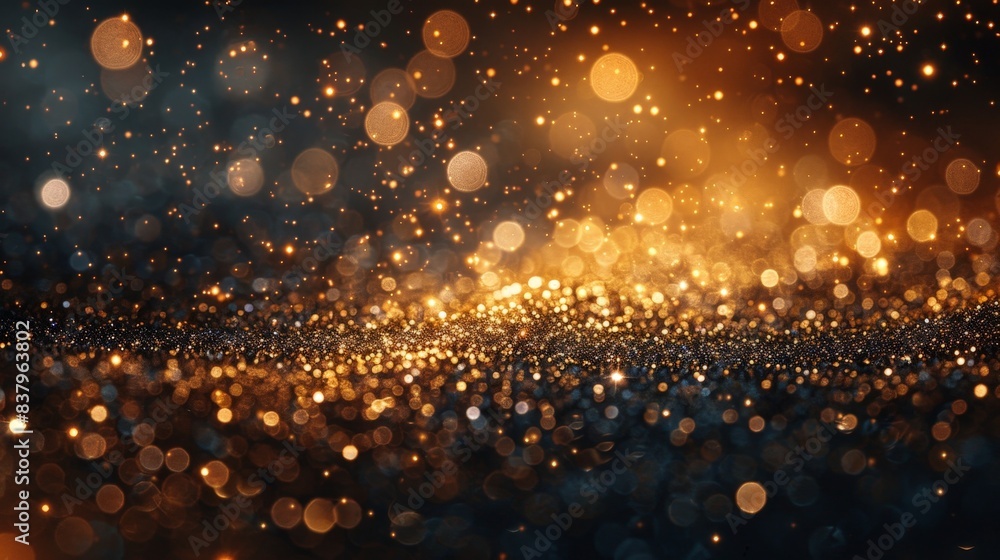 A photograph of a black background with sparkling golden bokeh lights ...