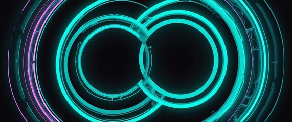 Wall Mural - teal neon lights circle loop artistic abstract pattern background banner illustration
