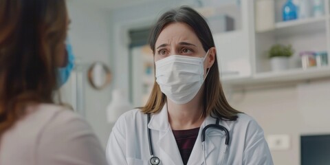 Wall Mural - A woman in a white lab coat is talking to a woman in a blue shirt