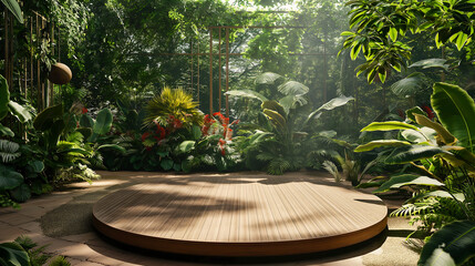 Wall Mural - Wooden Circular Stage in Tropical Garden with Vibrant Foliage and Sunlight, podium