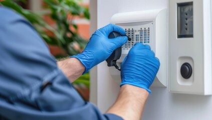 Professional Service: Blue-Gloved Worker Installing Intercom System on Wall