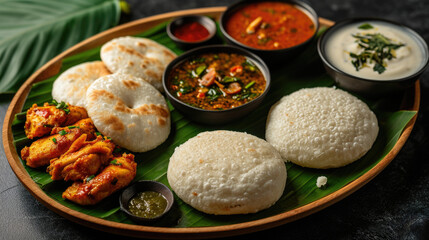 Wall Mural - A plate of food featuring rice, meat, and various sauces