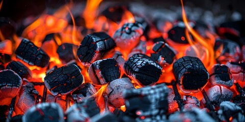 Closeup image of glowing charcoal briquettes in a barbecue grill pit. Concept Outdoor Photoshoot, Food Photography, Barbecue Season, Glowing Embers, Summer Grilling