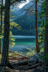 Wall Mural - A serene lake scene with trees surrounding the water's edge