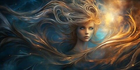 Wall Mural - swirling cosmic jets of blue and gold spiral together in the sky. concept space exploration, cosmic 