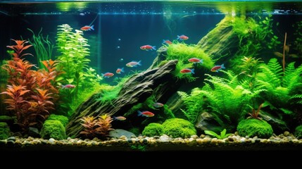 Poster - A colorful aquarium filled with various aquatic plants and fish, suitable for use in editorial or commercial contexts