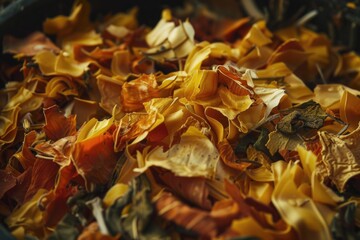 Close-up view of a bowl filled with dried leaves