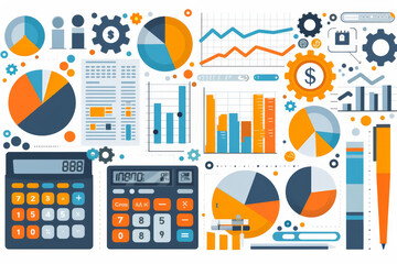 Wall Mural - Financial planning and risk management with Create a flat design concept of a startup team focused on comprehensive financial planning and risk management, with detailed calculators, charts, risk