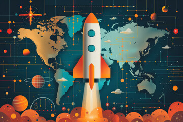 Wall Mural - Global expansion and startup accelerator with Create a flat design concept of a startup expanding globally with the support of a startup accelerator, featuring detailed global maps, airplane icons,