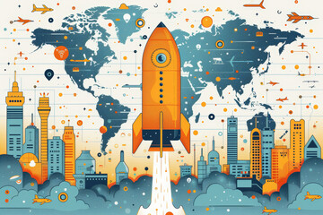Wall Mural - Global expansion and startup accelerator with Create a flat design concept of a startup expanding globally with the support of a startup accelerator, featuring detailed global maps, airplane icons,