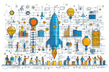Wall Mural - Lean startup and product development with Create a flat design image of a startup team employing lean startup principles to streamline product development, with detailed development tools, lean