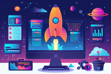 Wall Mural - Growth hacking and e-commerce with Create a flat design concept of a startup team using advanced growth hacking techniques to boost e-commerce sales, with detailed e-commerce platforms, growth