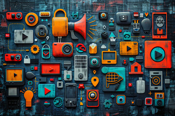 Wall Mural - Social media strategy and partnership development with Create a flat design concept showing a startup team developing a robust social media strategy while forming strategic partnerships, with social