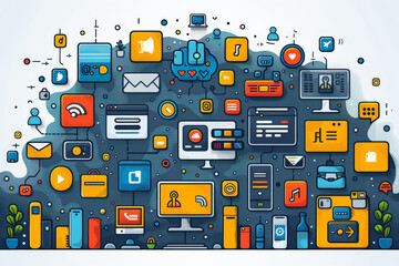 Wall Mural - Social media strategy and partnership development with Create a flat design concept showing a startup team developing a robust social media strategy while forming strategic partnerships, with social