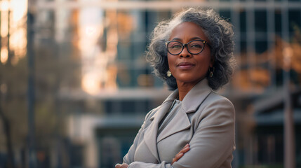 Senior African American beautiful woman standing on the street of a big city. Woman 65 or 70 years old.