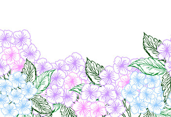 Wall Mural - Spring floral horizontal wreath seamless banner with blue and pink hydrangea flower. Line art little flower with leaves for card or invite, coloring page.