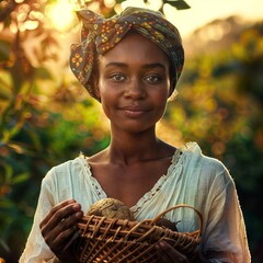 Wall Mural - A African woman wearing a headwrap and holding a basket of