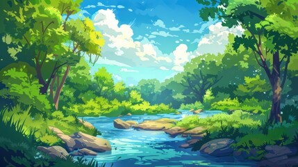 River landscape with mountains, natural illustration. Vector