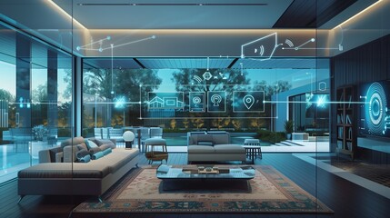 Wall Mural - Modern living room with smart home technology, interactive holographic interfaces, and luxurious furnishings in a spacious layout.